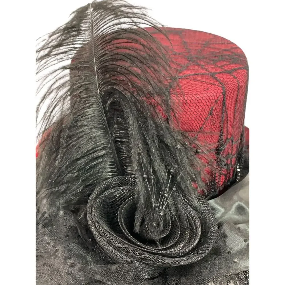 Victorian Style Top Hat Womens Red Spiderweb Veil Feather